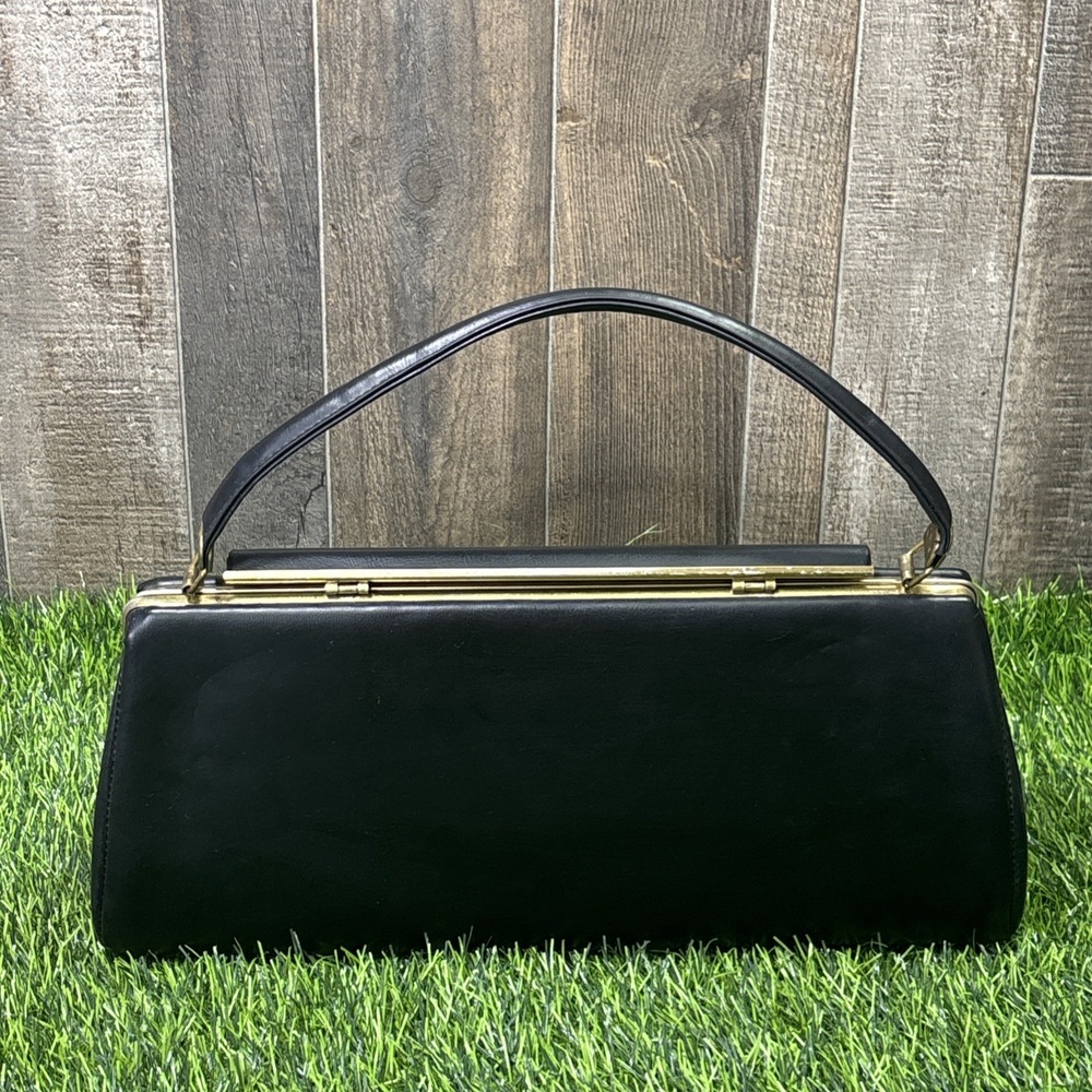 Vtg 50s Black Leather Wrapped Metal Top Handle Bag Gold Frame Clasp Purse - Picture 3 of 15